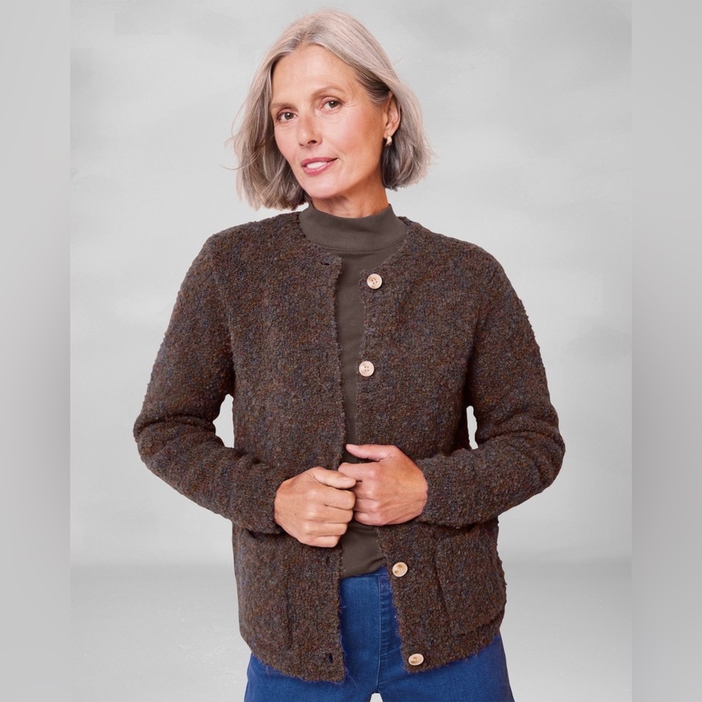 Appleseed Petites Luxe Bouclé Cardigan in Chocolate Marled brown